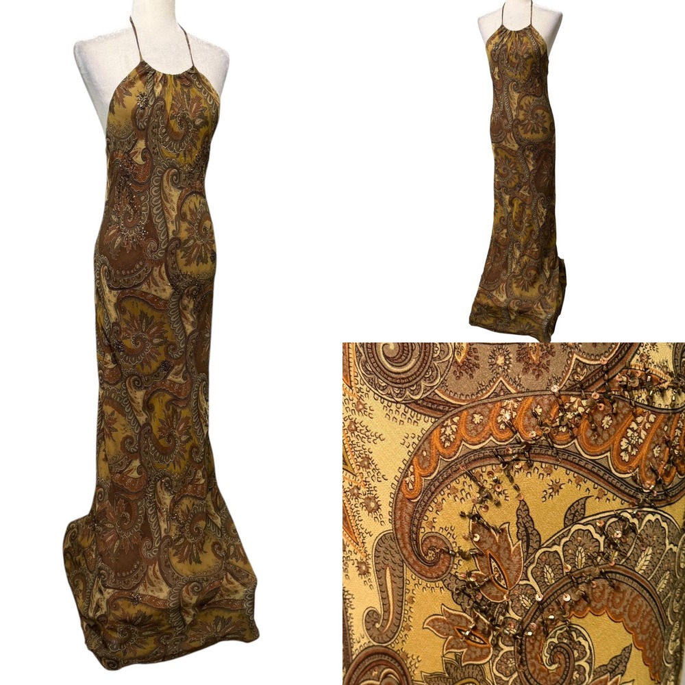 Vtg 90s Y2k Laundry by Shelli Segal Dress Womens 10 Halter Maxi Silk Beaded Sexy - Picture 8 of 16